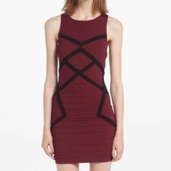 MAJE Destinee Burgundy Black Geometric Bodycon Sleeveless Mini Dress Size 3 - Picture 1 of 11